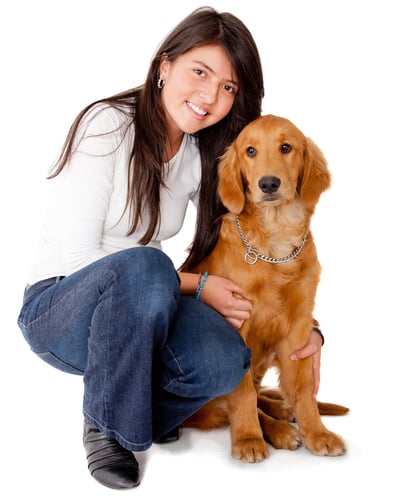 Girl with a cute dog - isolated over a white background